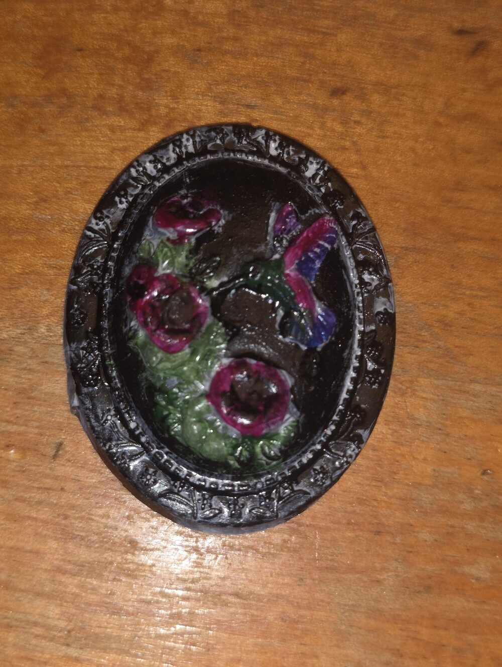 Black & Pink Handpainted Resin Hummingbird Brooch